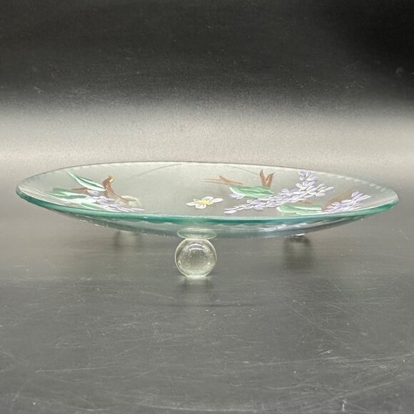 Hand Painted Glass Plate Bees Purple Flowers Decorative Floral Botanical Footed - Picture 3 of 9